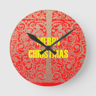 Horloge Ronde Joyeux Noël Golden Red Snow Hearts