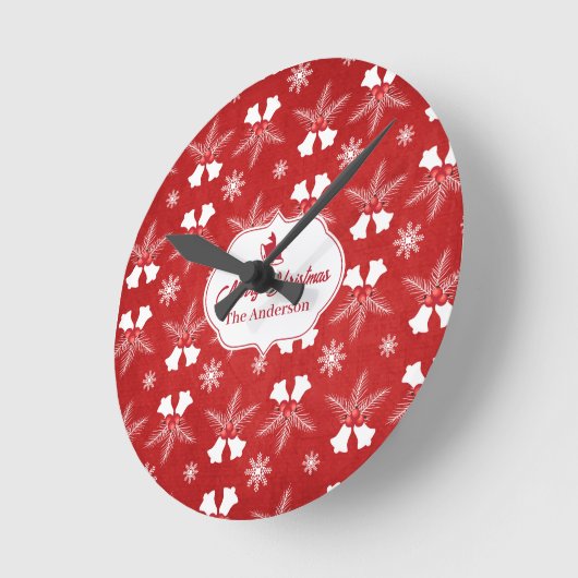 Horloge Ronde Joyeux Noël Rouge Motif Noël Bell (Angle)