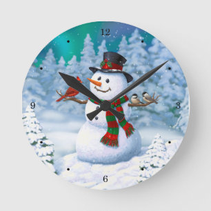 Horloge Ronde Joyeux Noël Snowman & Birds Winter Scene
