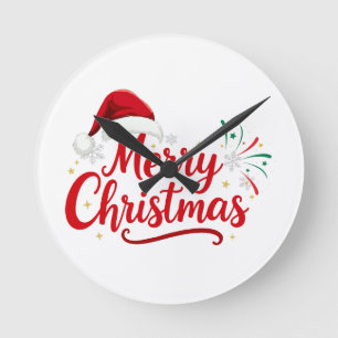 Horloge Ronde Joyeux Noël Typographie avec chapeau de Père Noël
