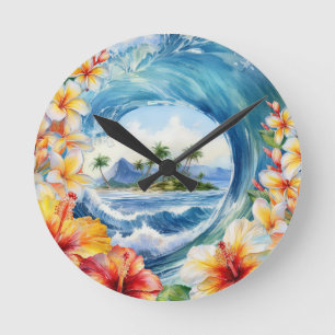 Horloge Ronde Kai Aloha Hibiscus Aquarelle Vague réversible