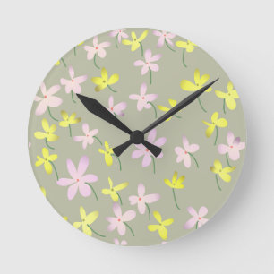 Horloge Ronde Kaki D'Olive Pale Sage Beige Jaune Rose Floral Nur