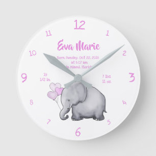 Horloge Ronde Keepsake Baby Girl Birth Stats Elephant Nursery