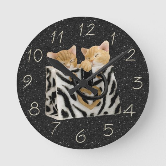 Horloge Ronde Kittens à Zebra Handbag Black Glitter Clock (Recto)