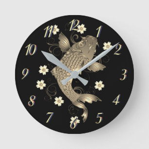 Horloge Ronde Koi poisson oriental noir et or floral élégant