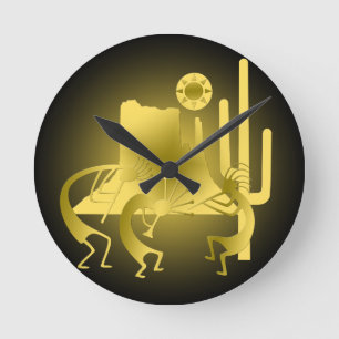 Horloge Ronde Kokopelli sud-ouest en noir et or