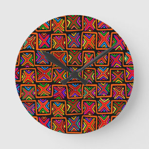 Horloge Ronde Kuna Indian Mola Tribal Checks - Rouge