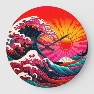 Horloge Ronde La grande vague de Synth de Kanagawa Retro 80s