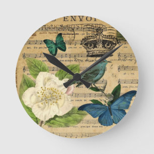 Horloge Ronde la musique vintage d'oiseau de couronne note