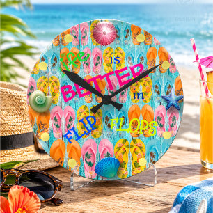 Horloge Ronde La vie est meilleure à la maison de plage en tongs