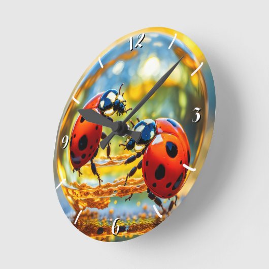 Horloge Ronde Ladybugs dans une goutte d'eau (Angle)