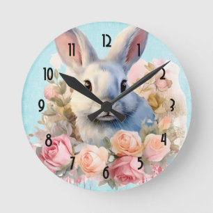 Horloge Ronde Lapin avec une guirlande de roses Mignon