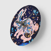 Horloge Ronde Lapin dans le ciel avec étoiles Coussin rond (Angle)