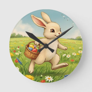 Horloge Ronde Lapin de Pâques de prairie printanière vintage