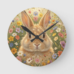 Horloge Ronde Lapin mignon dans une prairie fleurie vibrante