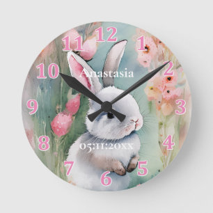 Horloge Ronde Lapin Mignon Pastel Aquarelle Fleurs de Printemps