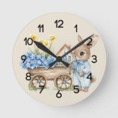 Horloge Ronde Lapin sur mesure avec fleurs bleues Nursery (Recto)