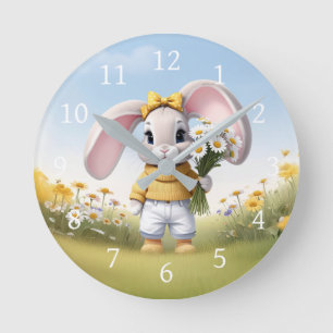 Horloge Ronde Lapin tenant un bouquet de marguerites blanches