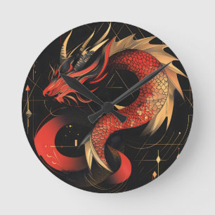 Horloge Ronde L'art majestueux du Dragon chinois rouge et or