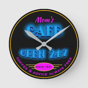 Horloge Ronde Le café de la maman ouvrent 24 heures néon bleu 