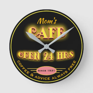 Horloge Ronde Le café de la maman ouvrent 24 heures néon de Fa