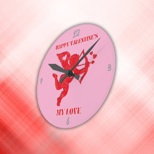 Horloge Ronde Le minimaliste Happy Valentine's My Love sur rose
