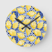 Horloge Ronde Lemon Citrus Mediterranean Blue White Tile Pattern (Recto)