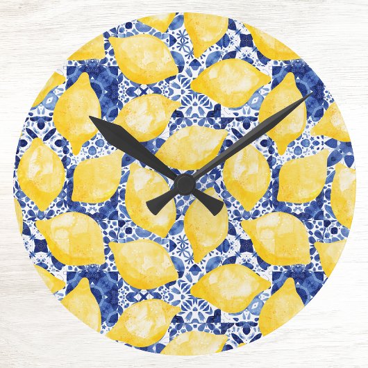 Horloge Ronde Lemon Citrus Mediterranean Blue White Tile Pattern
