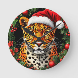 Horloge Ronde Léopard de fête portant un chapeau de Père Noël