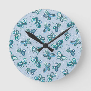 Horloge Ronde Les papillons Doodle Bugs - bleu - motif sans soud