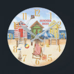 Horloge Ronde L'été à l'eau de Shore Beach<br><div class="desc">Profitez de cette scène de cabine de plage amusante et colorée — détendez-vous et soyez là quand vous le souhaitez. Ajoutez simplement votre monogramme au sac de plage ou supprimez et vous pouvez décider de changer "jours d'été" à votre thème personnel. Pour toute question de conception, envoyez un courriel à...</div>