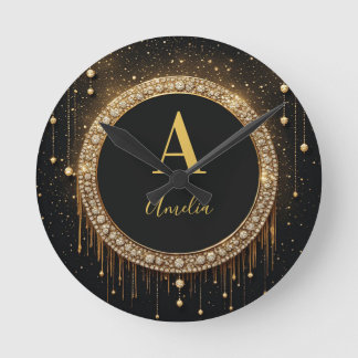 Horloge Ronde Lettre de monogramme personnalisée avec paillettes