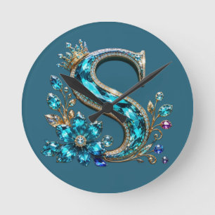 Horloge Ronde Lettre S et couronne en cristal de turquoise