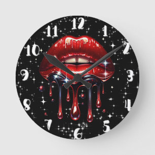 Horloge Ronde Lèvres Rouges Ruisselantes de Paillettes Brillant 