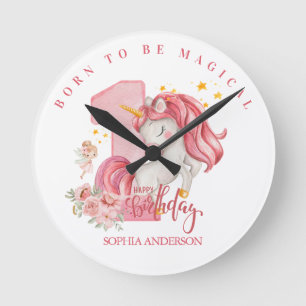 Horloge Ronde Licorne 1er Anniversaire Fille Rose