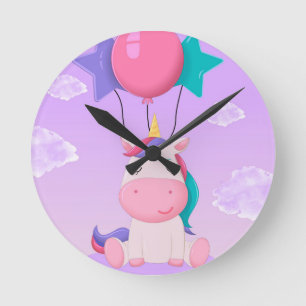 Horloge Ronde Licorne Assise Mignonne et Ballons Lilas