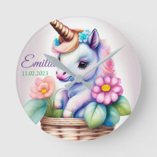 Horloge Ronde Licorne dans un panier - motif enfant aquarelle
