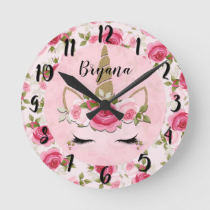 Horloge Ronde Licorne Or Rose Floral Roses Tendance Chambre à co