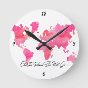 Horloge Ronde Lieux Où Elle Va Citer Aquarelle Rose Carte Mondia