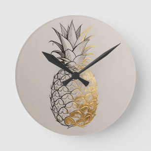 Horloge Ronde Ligne artistique ananas doré