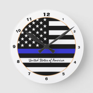 Horloge Ronde Ligne Bleue Mince & Police américaine du Drapeau 