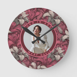 Horloge Ronde Lilies Roses Personnalisées Charme Fête d'Été