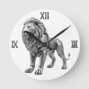Horloge Ronde Lion argent celtique majestueux avec nœud complexe