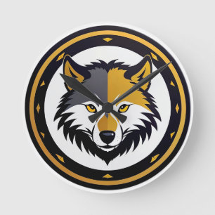 Horloge Ronde Logo à emblème de loup avec cercle doré