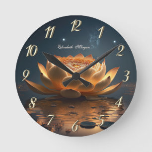Horloge Ronde Lotus doré élégant, foncé, Yoga  