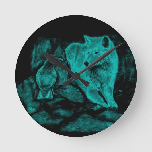Horloge Ronde Loup et corbeau dans la nuit (Recto)