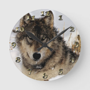 Horloge Ronde Loup gris ou loup de bois de construction