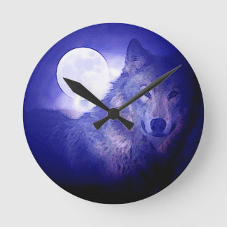 Horloge Ronde Loup, Lune et Nuit Bleue