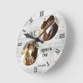 Horloge Ronde Love Grows in Time Rustic White Wood Wedding Photo (Angle)