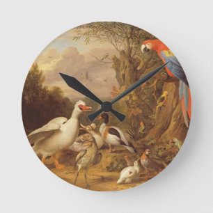 Horloge Ronde Macaw, Canards, perroquets et autres oiseaux sur u